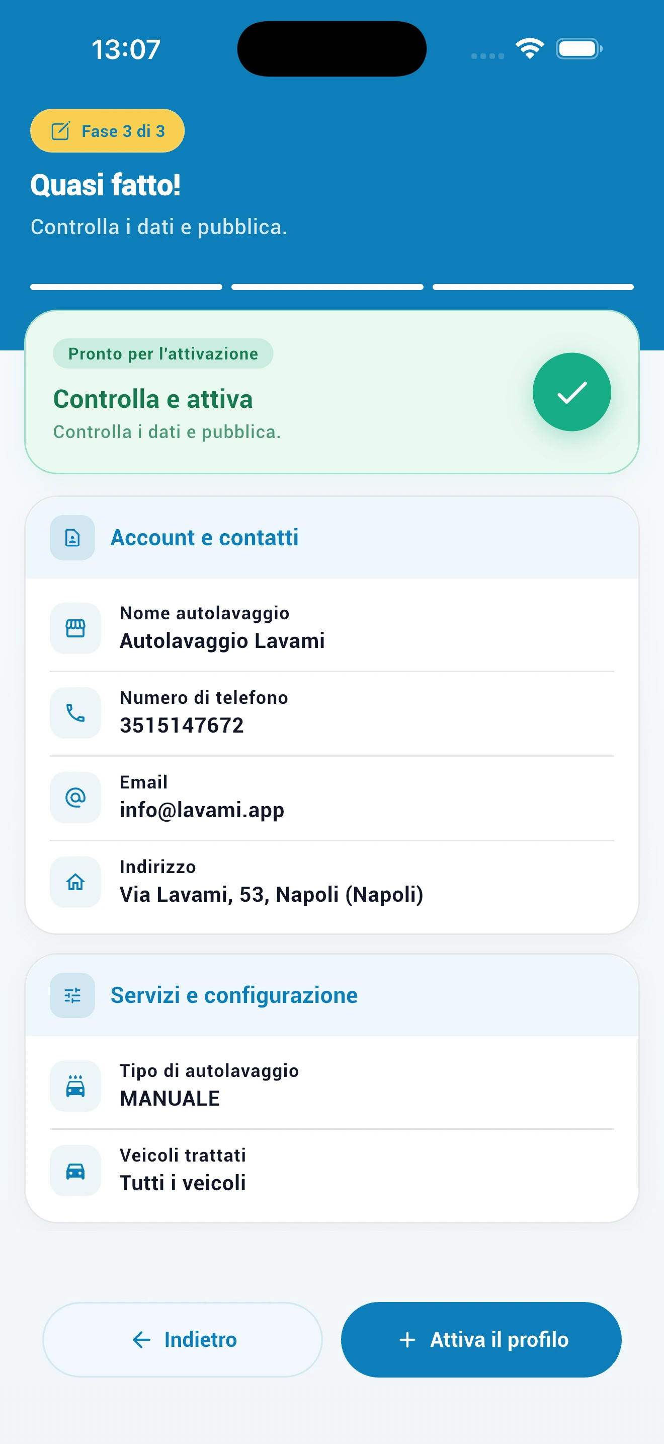 Step 3 registrazione autolavaggio: riepilogo