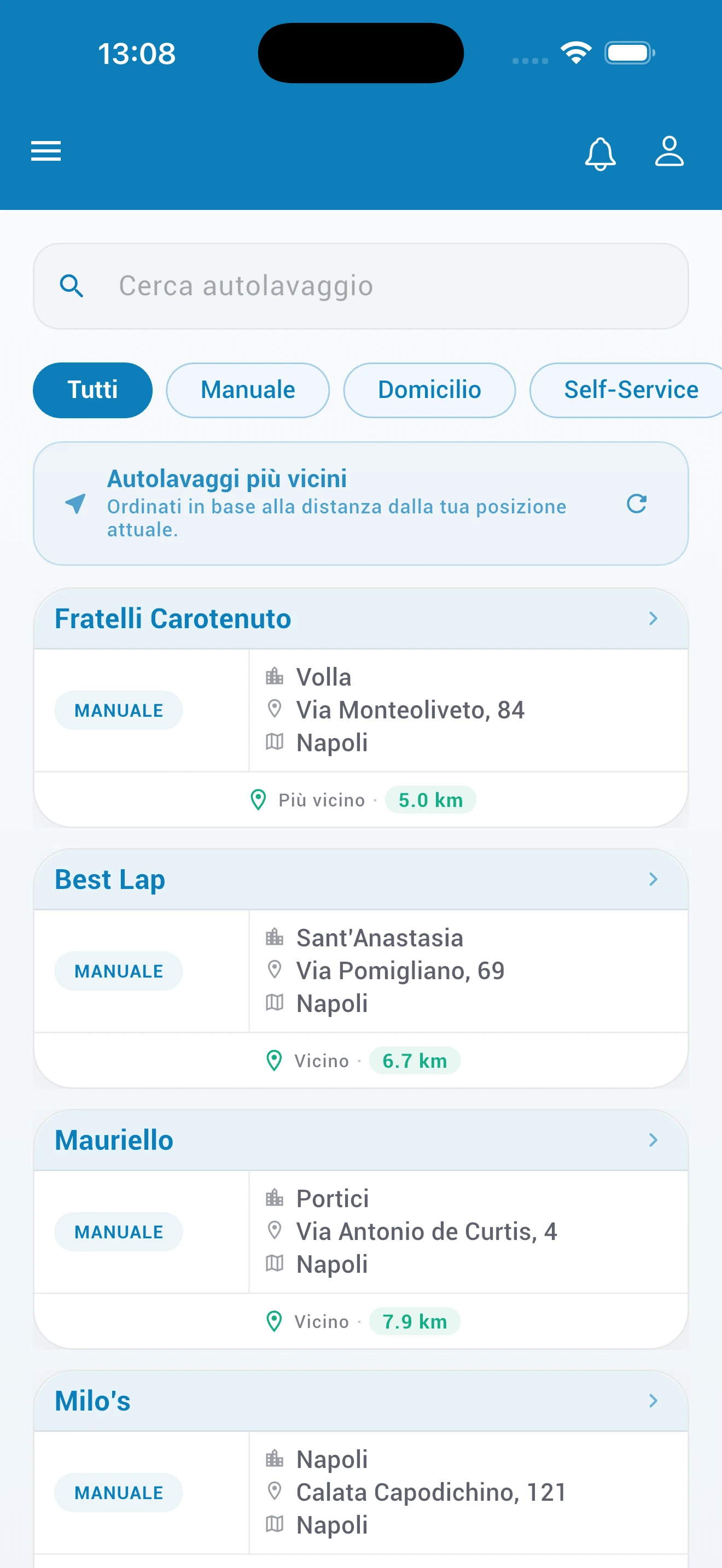 Schermata Lavami con ricerca degli autolavaggi vicino a te